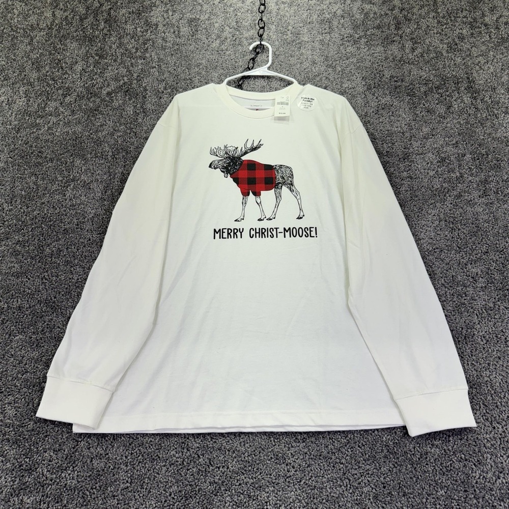 RedHead Shirt Mens XL White Merry Christ-Moose Graphic Tee Long Sleeve Christmas